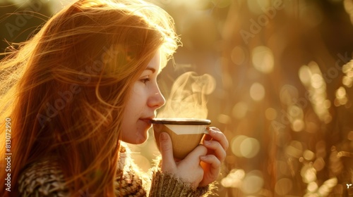 Red-haired woman enjoying a cup of coffee in soft light  ideal for ads related to wellness and coffee products.