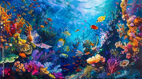 A vibrant coral reef bustling with life  with colorful fish darting among the coral formations.