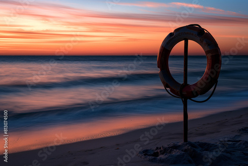 red sea sunset, A lifebuoy stands tall on the sandy beach, silhouetted against the backdrop of a fiery sunset. The vibrant hues of orange and pink paint the sky