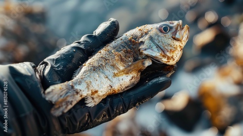 A hand in a black glove holds a dried fish