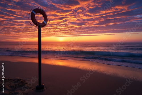 sunset in the beach, A lifebuoy stands tall on the sandy beach, silhouetted against the backdrop of a fiery sunset. The vibrant hues of orange and pink paint the sky
