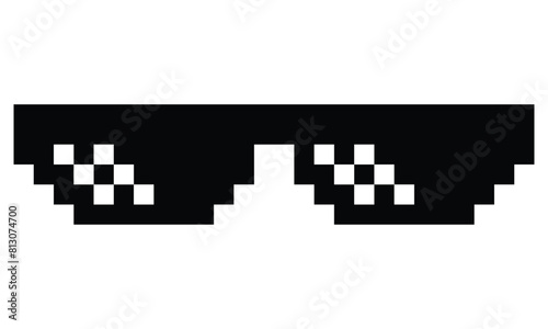 Pixel art sunglasses with white light reflections, transparent background and vector eps, jpg and png files available