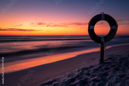 sunset on the beach, A lifebuoy stands tall on the sandy beach, silhouetted against the backdrop of a fiery sunset. The vibrant hues of orange and pink paint the sky