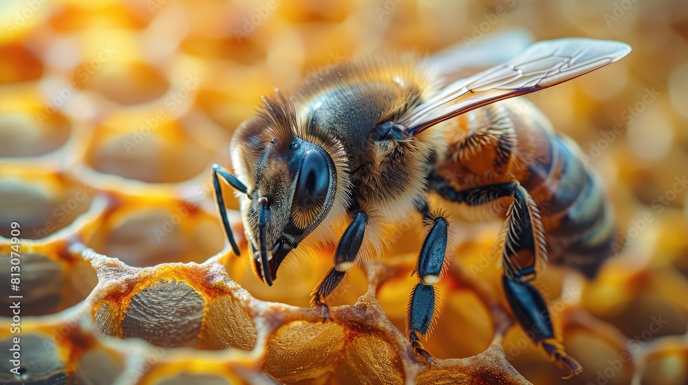 Close up of a bee on a honeycomb on a yellow solid color background with copy space Close up of a bee on a honeycomb on a yellow solid color background with copy space