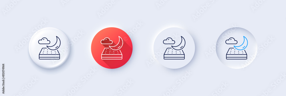 Night mattress line icon. Neumorphic, Red gradient, 3d pin buttons. Orthopedic sleeping pad sign. Breathable sleep bed symbol. Line icons. Neumorphic buttons with outline signs. Vector Night mattress line icon. Neumorphic, Red gradient, 3d pin buttons. Orthopedic sleeping pad sign. Breathable sleep bed symbol. Line icons. Neumorphic buttons with outline signs. Vector