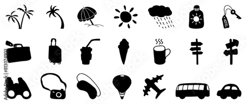 Icon set of elements for summer vacation travel, hand drawn vector silhouette doodles.