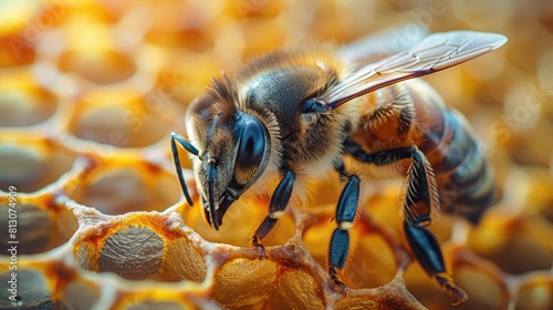 Close up of a bee on a honeycomb on a yellow solid color background with copy space