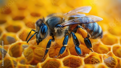 Close up of a bee on a honeycomb on a yellow solid color background with copy space