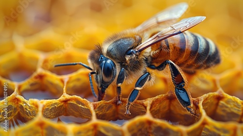Close up of a bee on a honeycomb on a yellow solid color background with copy space © Ummeya