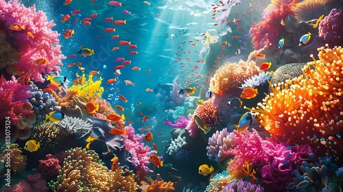 A vibrant coral reef teeming with life  with colorful fish darting among the corals and anemones swaying gently in the currents.