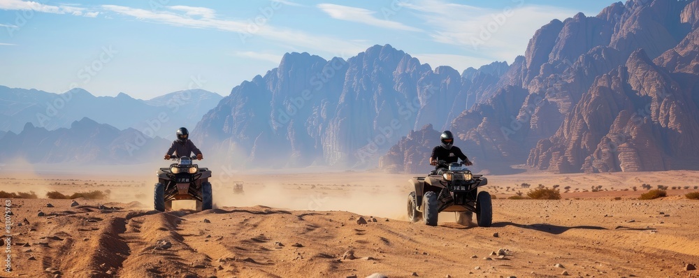 Adventurous traveler on an ATV rides through rugged desert terrain under a vast, panoramic sky. off-road vehicles theme.