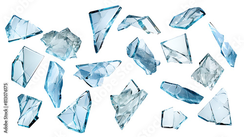 Shards of shattered glass. Pieces of broken glass isolated. Transparent background PNG. Pen tool cutout. Side by side of various broken glass pieces of several shapes and sizes