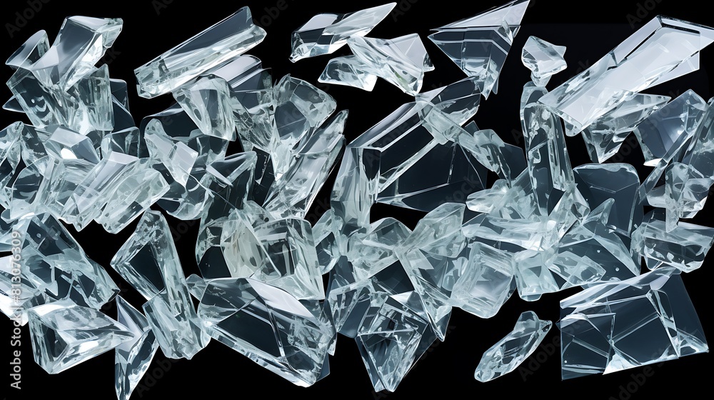 Shards of shattered glass. Pieces of broken glass isolated. Transparent