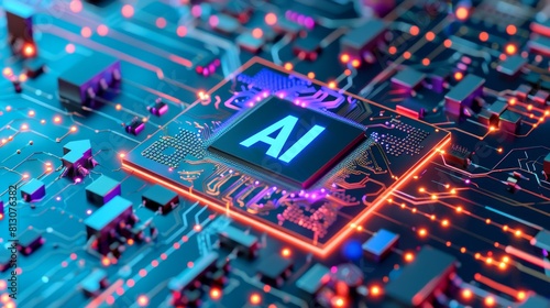 A close-up shot of a microchip with word "AI", vibrant colors and intricate details