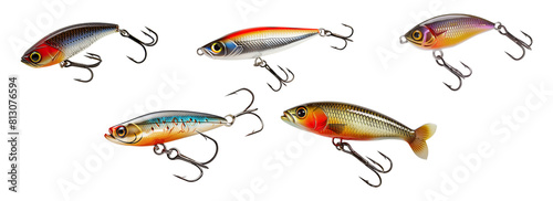 Set of fake baits for fishing isolated on transparent background