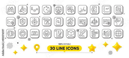 Messages, Creative idea and Balance line icons pack. 3d design elements. Search document, Magistrates court, Chemistry beaker web icon. Vector