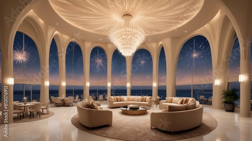 A highly realistic architectural digest ignorant beautiful undulating glowing interior huge tall space for experience sales center Vision in Palm Jebel Ali, extreme detail, long exposure photography. photo