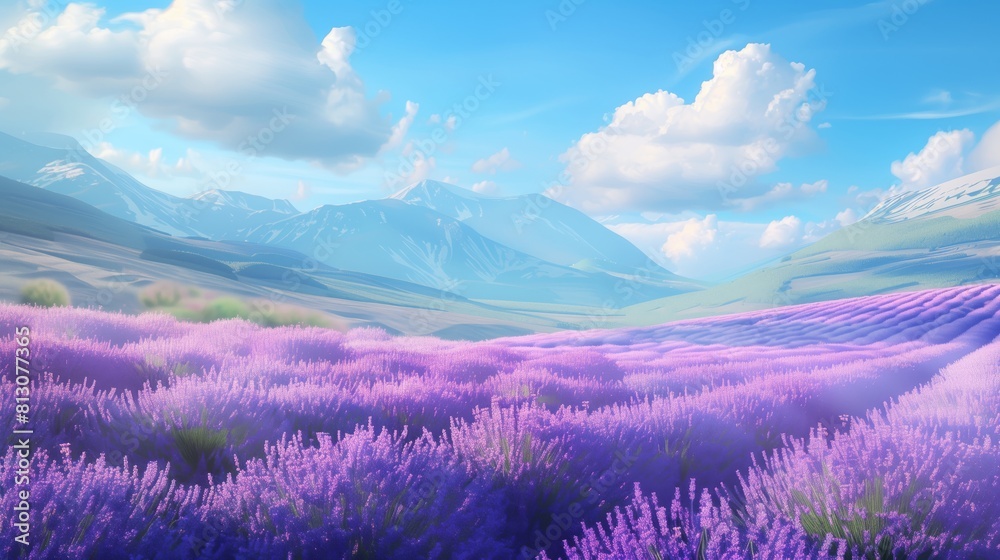 Obraz premium Sunny day in a vivid lavender field, high-quality scenery.