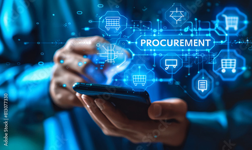 Business professional displaying icons representing key aspects of procurement process, digital transformation of supply chain management through mobile technology and data-driven insights