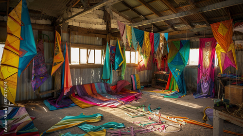 Deserted kite-making workshop shed with colorful fabrics and strings, ready for crafting but motionless.