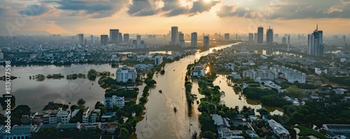 A ariel view of the city flooded with water, natural disaster.