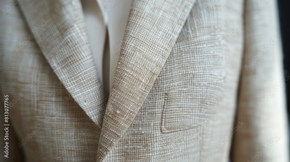 Close-up shot of a high-fashion, eco-friendly jacket made from organic fibers, showcasing its elegant cut and luxurious feel Close-up shot of a high-fashion, eco-friendly jacket made from organic fibers, showcasing its elegant cut and luxurious feel