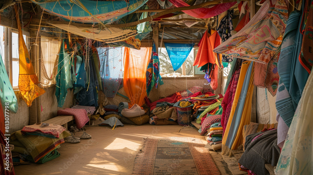 Fototapeta premium Deserted kite-making workshop shed with colorful fabrics and strings, ready for crafting but motionless.