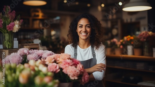 Smiling attractive hispanic female Small business owner in her florist shop