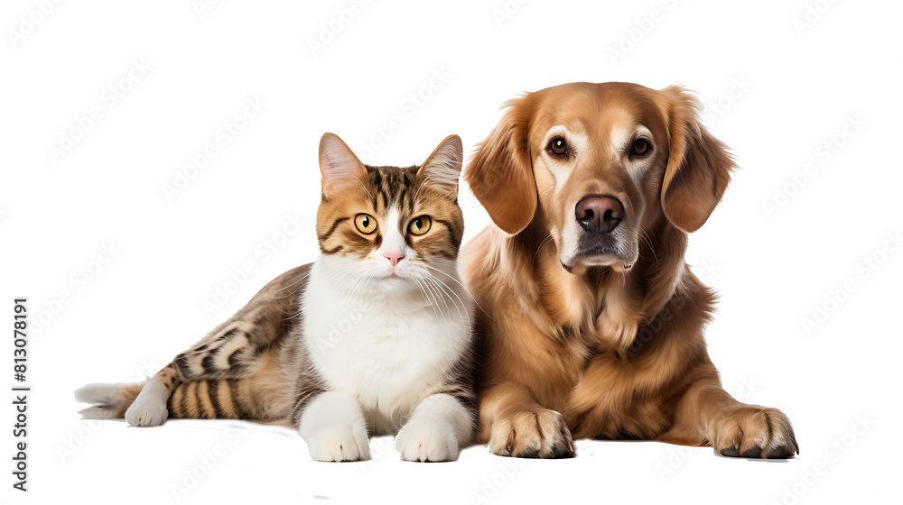 Portrait of Happy dog and cat that looking at the camera together isolated on transparent background, friendship between dog and cat