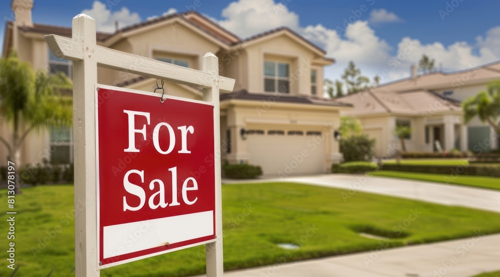 Home For Sale Real Estate Sign in Front of Beautiful New House. Home For Sale Real Estate Sign in Front of Beautiful New House.