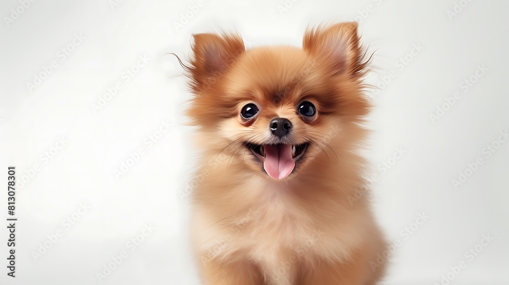 Cute portrait fluffy smile puppy dog looking at camera isolated on light background, funny moment, lovely dog, pet concept.