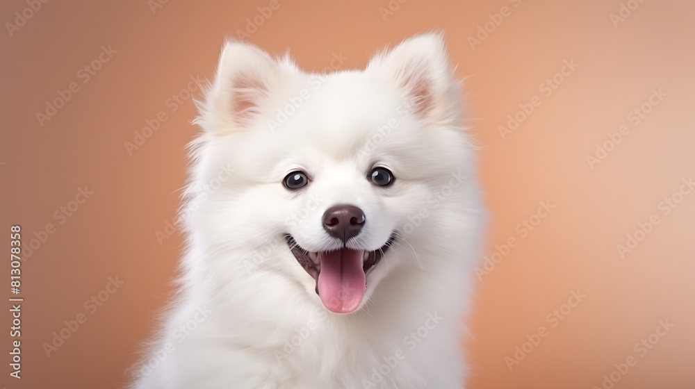 Cute portrait fluffy smile puppy dog looking at camera isolated on light background, funny moment, lovely dog, pet concept. Cute portrait fluffy smile puppy dog looking at camera isolated on light background, funny moment, lovely dog, pet concept.