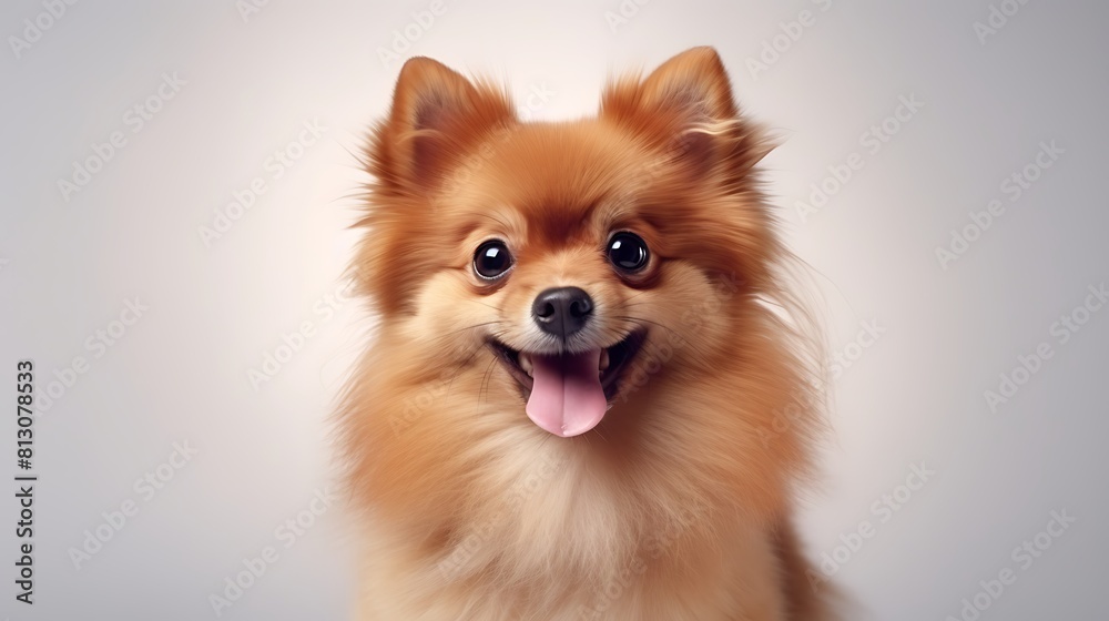 Cute portrait fluffy smile puppy dog looking at camera isolated on light background, funny moment, lovely dog, pet concept. Cute portrait fluffy smile puppy dog looking at camera isolated on light background, funny moment, lovely dog, pet concept.