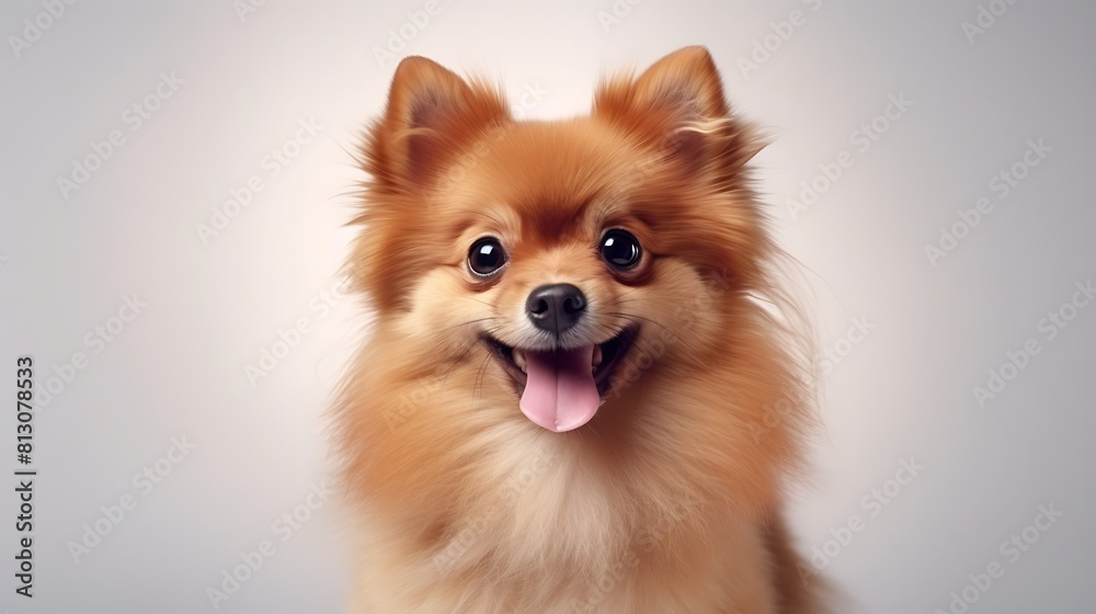 Cute portrait fluffy smile puppy dog looking at camera isolated on light background, funny moment, lovely dog, pet concept.