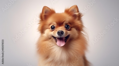 Cute portrait fluffy smile puppy dog looking at camera isolated on light background, funny moment, lovely dog, pet concept. photo