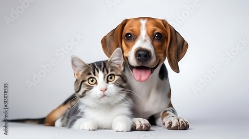 Portrait of Happy dog and cat that looking at the camera together isolated on transparent background, friendship between dog and cat