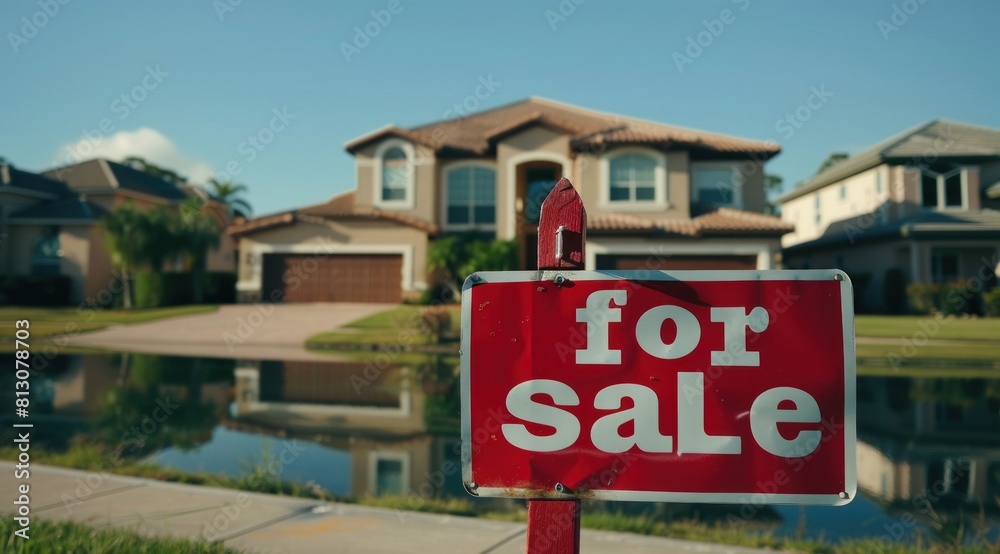 Home For Sale Real Estate Sign in Front of Beautiful New House. Home For Sale Real Estate Sign in Front of Beautiful New House.