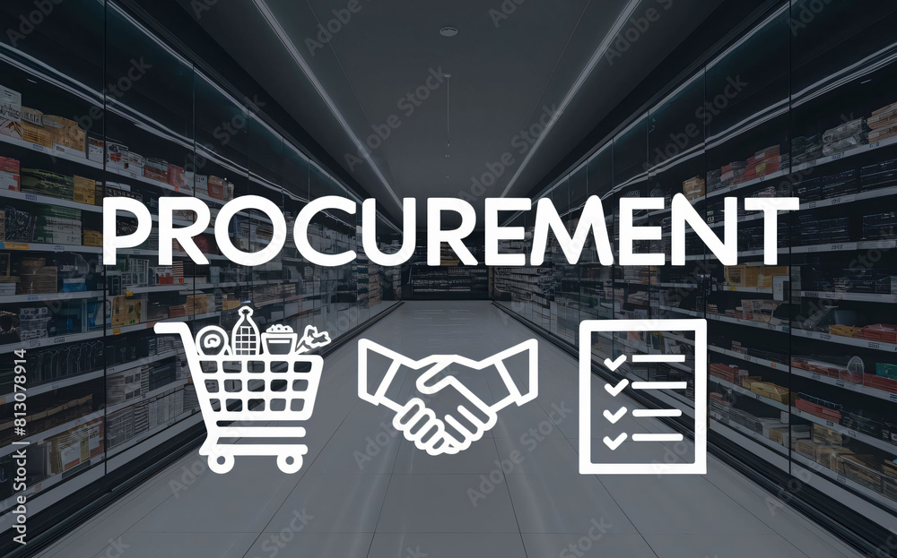 The Word Procurement With Icons of a Shopping Cart, Handshake and a Checklist The Word Procurement With Icons of a Shopping Cart, Handshake and a Checklist