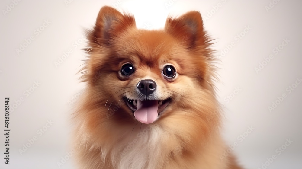 Cute portrait fluffy smile puppy dog looking at camera isolated on light background, funny moment, lovely dog, pet concept.