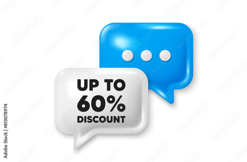 Naklejka premium Up to 60 percent discount. Chat speech bubble 3d icon. Sale offer price sign. Special offer symbol. Save 60 percentages. Discount tag chat offer. Speech bubble banner. Text box balloon. Vector