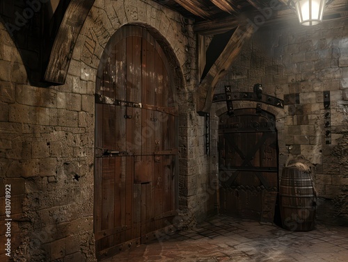 A majestic castle gate, flanked by towering stone walls that have witnessed centuries of history and tales of knights and kings