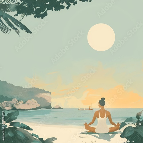 A serene illustration of a yoga session on a beach, integrating elements of nature and Thai art style creative design © Sweettymojidesign