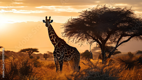 Savanna Serenity - Daily Life of an Adult Giraffe in African Heartland AI Generated PNG Illustration photo