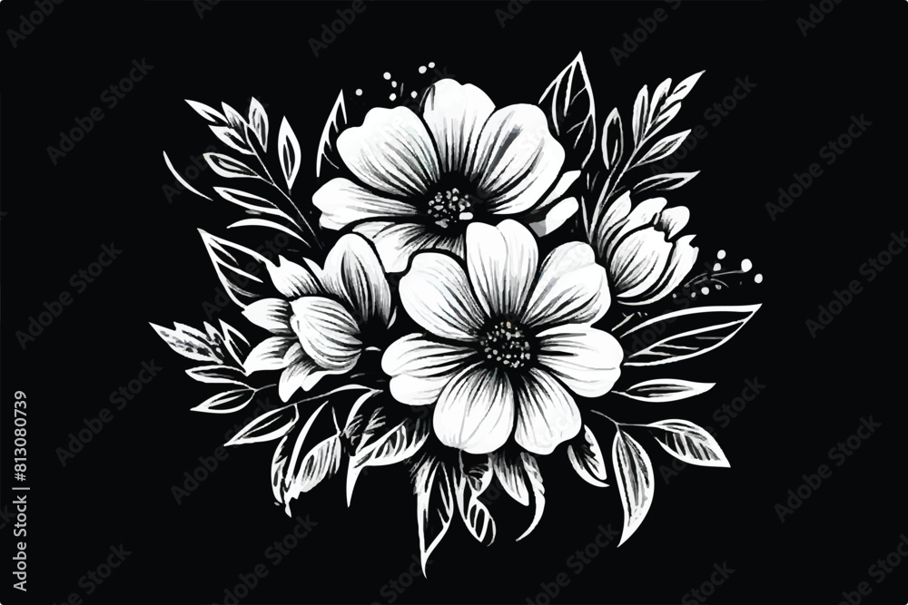 Black and white floral pattern. Flower bouquets. White flowers and black background. Floral Background.