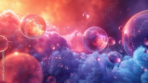  Floating bubbles in a blue-pink sky filled with even more bubbles above it