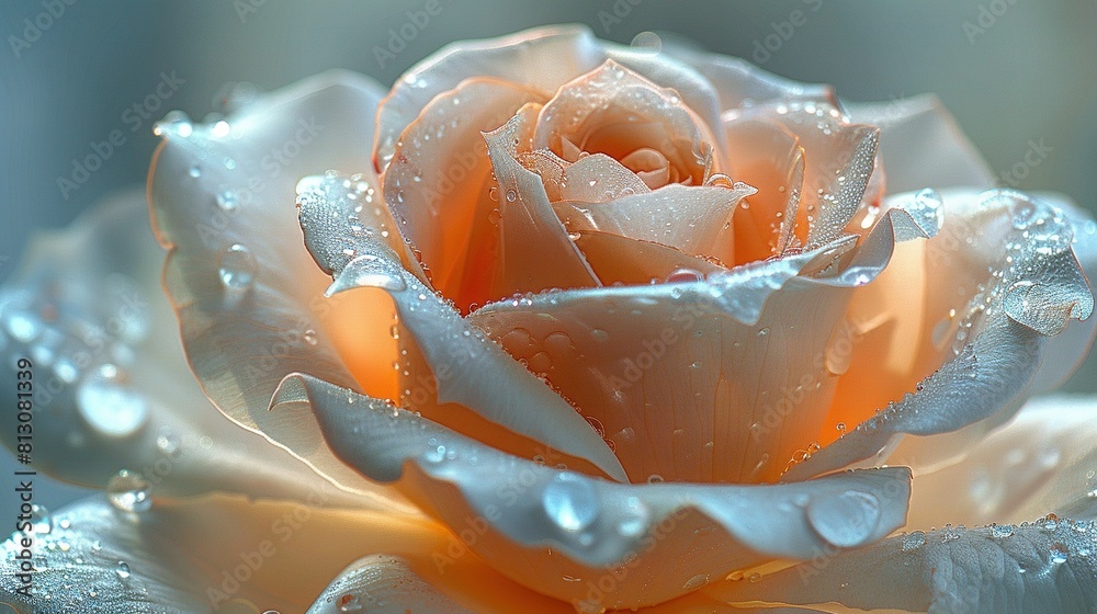 A close-up of an orange and white rose with water droplets on its petals against a blue background A close-up of an orange and white rose with water droplets on its petals against a blue background