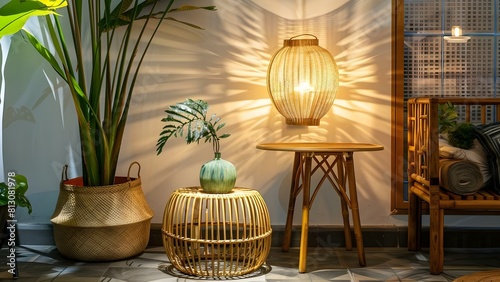 Eco-Friendly Home Decor Set: Bamboo Table, Wicker Lamp, Rattan Basket. Concept Sustainable Living, Natural Materials, Green Home Decor, Eco-Friendly Design photo