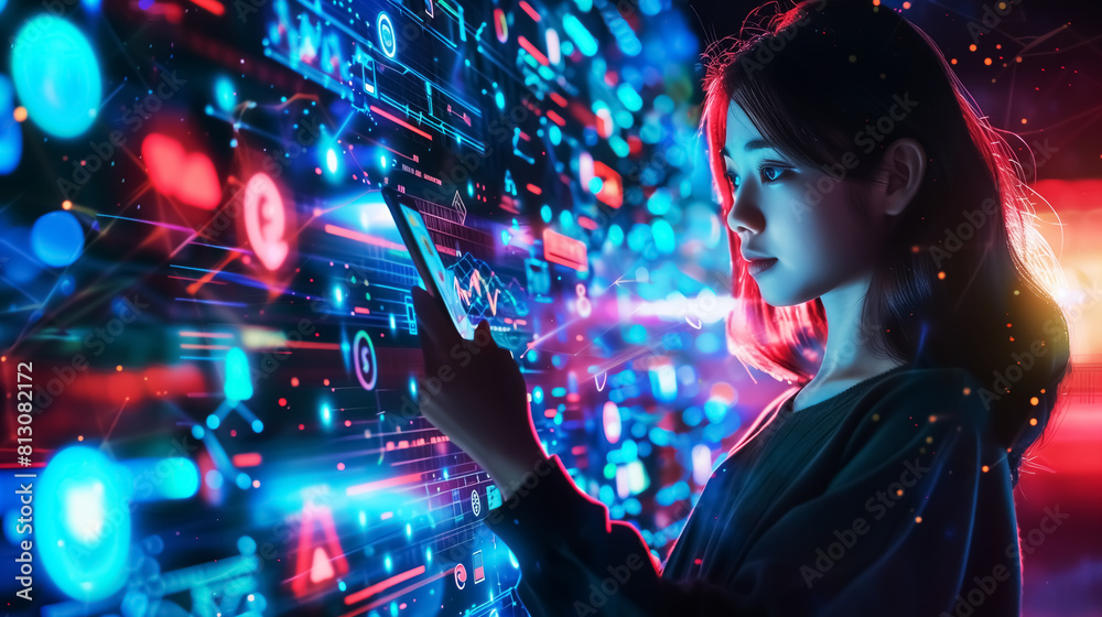 woman playing smartphone, social media concept, people enjoy social life online, internet industry