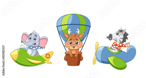 Fun And Whimsical Trio Of Adorable Cartoon Animals  Elephant  Deer And Zebra Flying In Colorful Vehicles  Vector