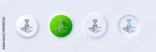 Time hourglass in hand line icon. Neumorphic, Green gradient, 3d pin buttons. Sand watch sign. Line icons. Neumorphic buttons with outline signs. Vector